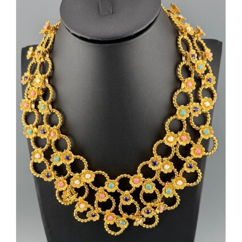 Vintage Egyptian Revival Bib Necklace Gold Tone Faceted Pastel Glass Stones 18"
